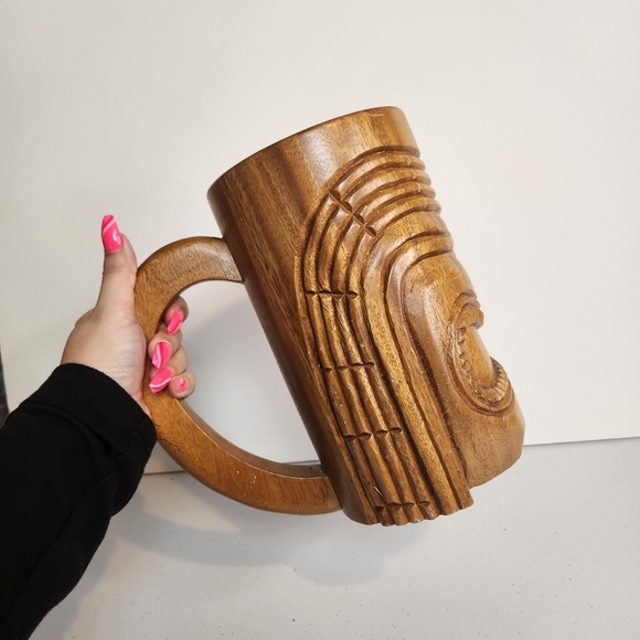 Vintage Other - Vintage Huge Carved Wooden Tiki Mug Large Handle Monkey Pod Wood Barware Stein